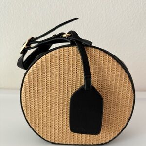 Handbag Black Faux Leather & Woven Straw